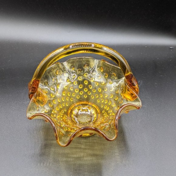Amber Art Glass Hobnail Ruffled Edge Basket Applied Handle Vintage Candy Dish - Picture 6 of 7